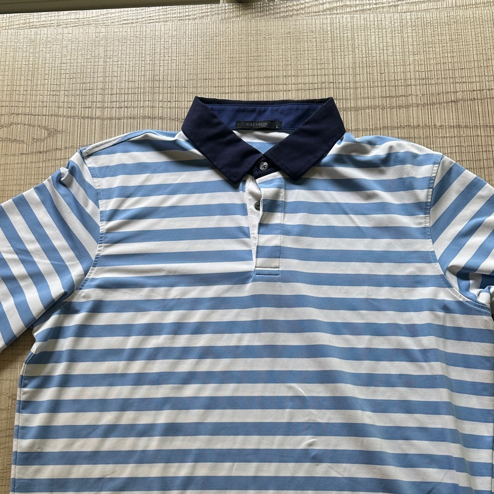 Greyson Blue and White Striped Polo Shirt